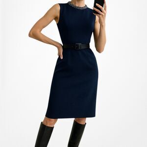 Vintage Y2K Navy Blue Sequin Embellished Collar Knee Length Shift Dress Size M